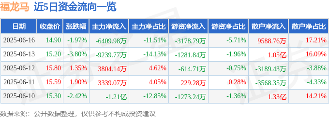 福龙马（603686）6月16日主力资金净卖出640998万元
