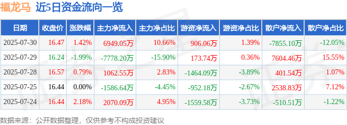 福龙马（603686）7月30日主力资金净买入694905万元